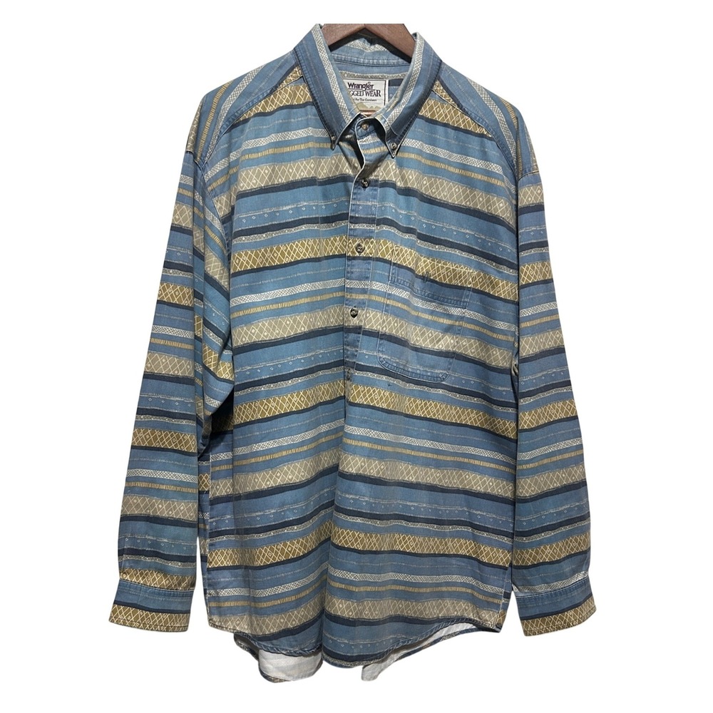 VTG 90s Wrangler Men Southwestern Western Shirt 3X Blue Aztec Tribal Rugged Wear